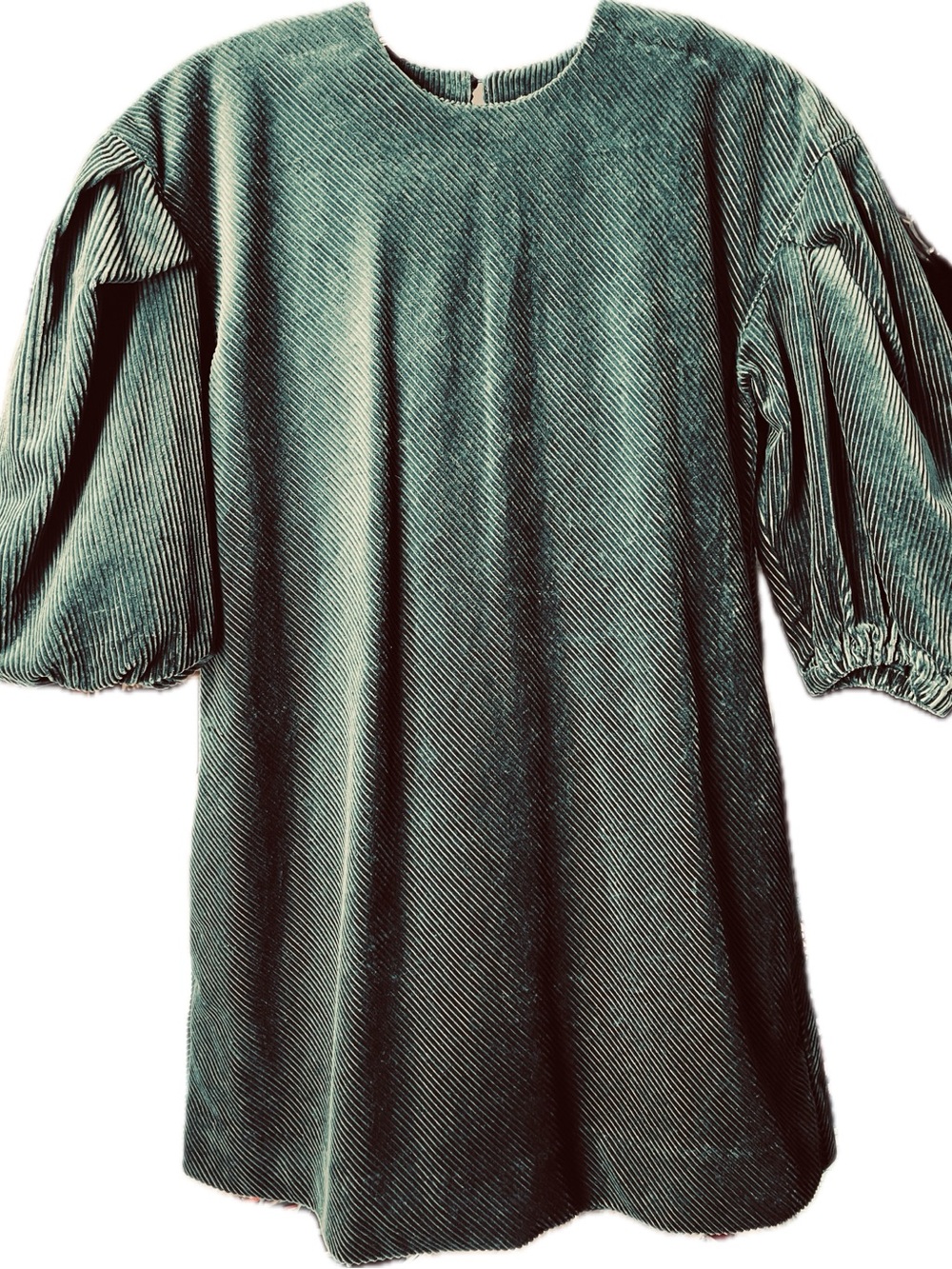 ANN MASHBURN Green Corduroy Midi Dress with Puff Sleeves